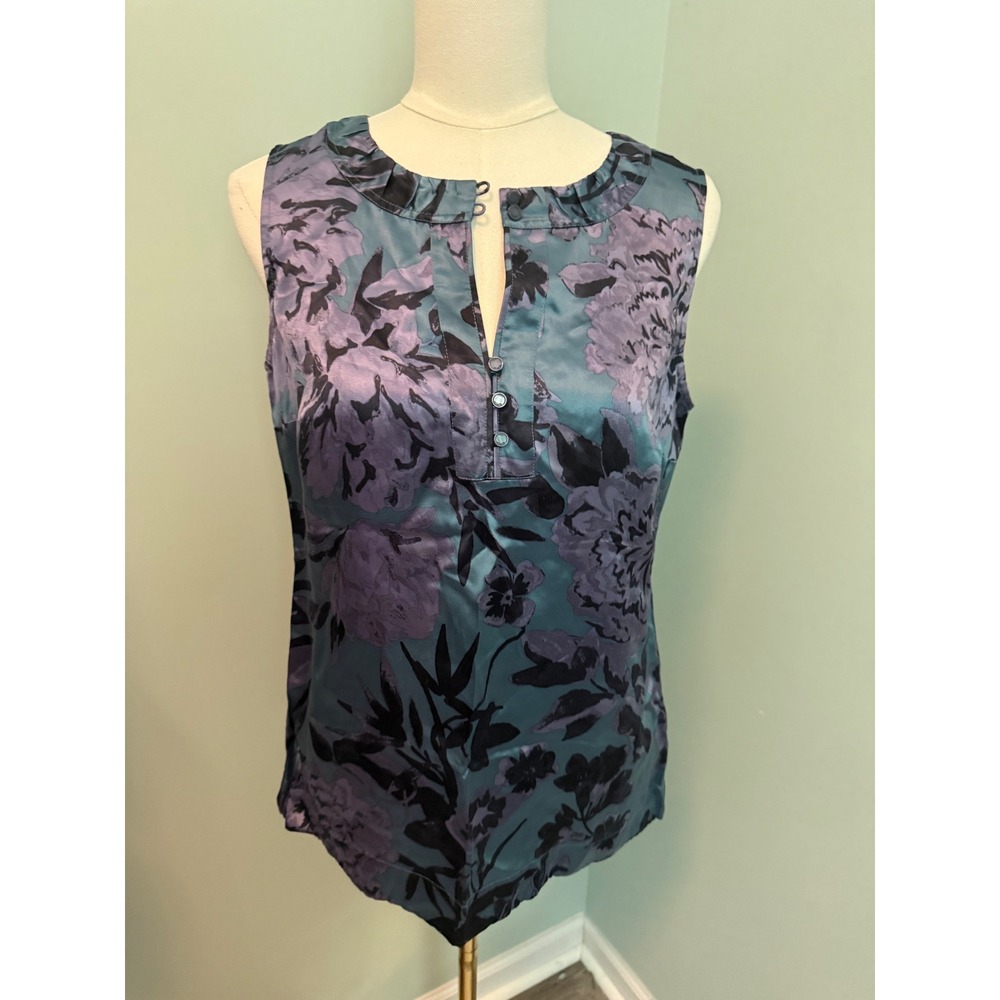 Tory Burch Teal Purple Floral Silk Blend Sleeveless Ruffle‎ Neck Blouse Size 6